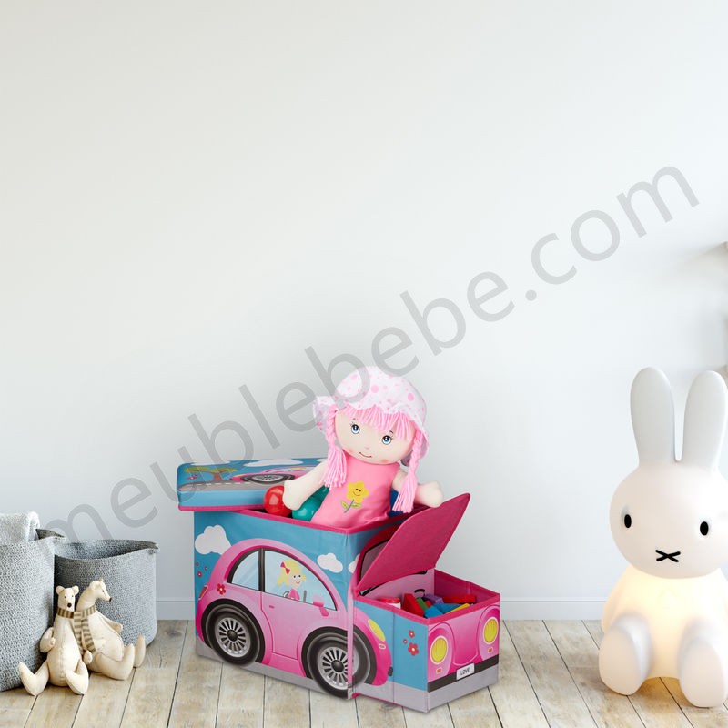 Tabouret Coffre à jouets boîte à jouets couvercle pouf enfant pliable auto voiture 50 litres, rose ventes - -1