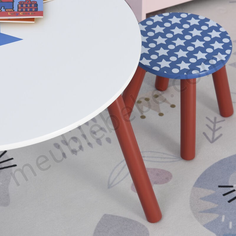 Ensemble table et chaises enfant - table ronde + 2 tabourets - motif étoilé - bois pin MDF bleu blanc en solde - -4