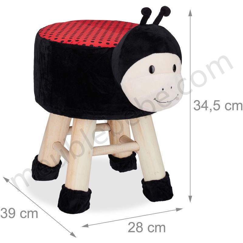 Tabouret enfant motifs animaux pouf 4 pieds assise rembourrée décoration amusant coccinelle, noir rouge ventes - -3