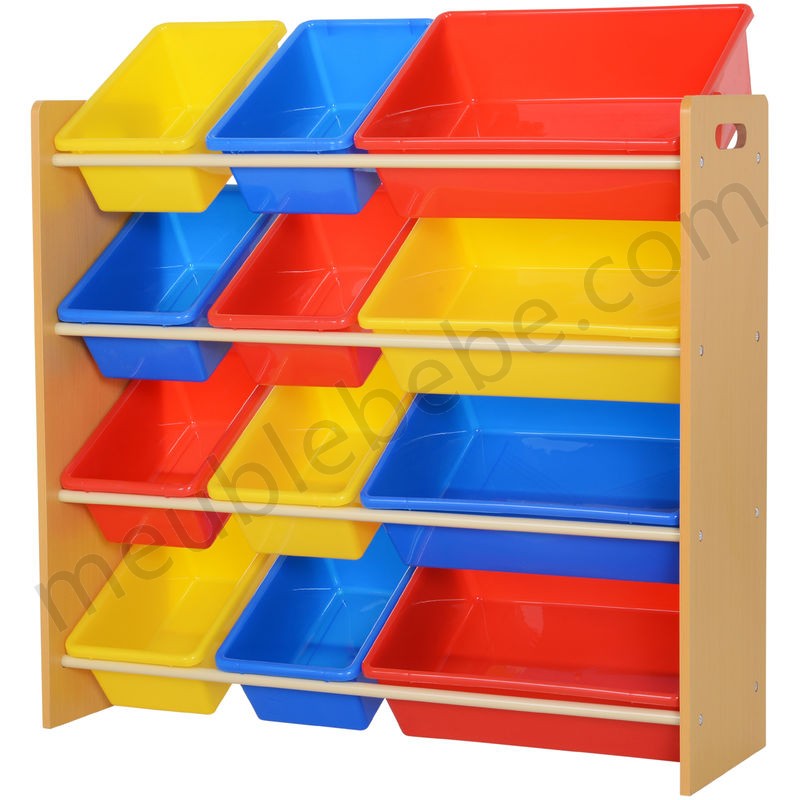 Étagère pour jouets enfants meuble de rangement 12 casiers plastique amovibles inclus cadre MDF coloris bois de hêtre en solde - -0