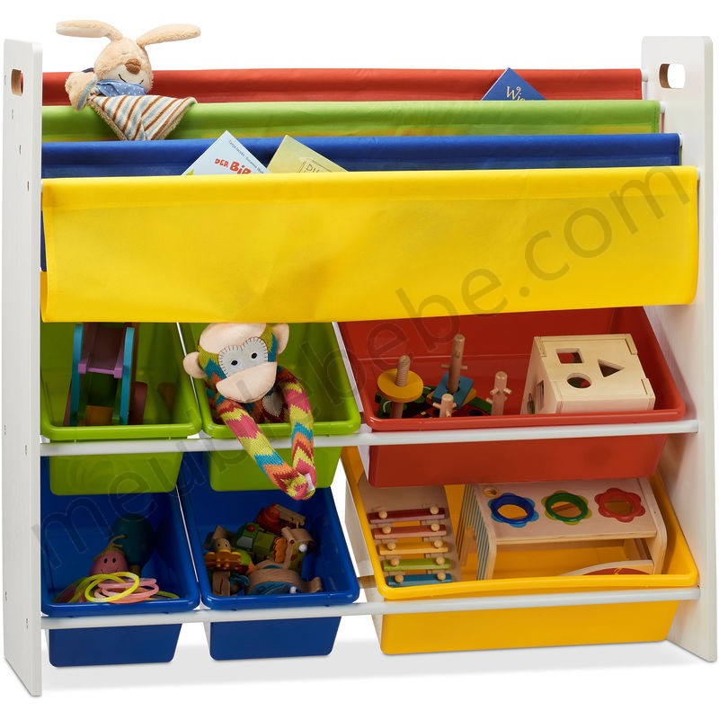 Étagère enfants, Bibliothèque, 9 Boîtes de rangement jouets coloré, MDF+Plastique, HxLxP 78,5 x 86 x 26,5 cm en solde - -0