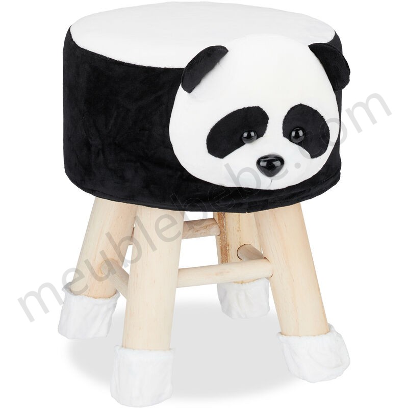 Tabouret enfant motifs animaux pouf 4 pieds assise rembourrée décoration amusant panda, noir blanc en solde - -0