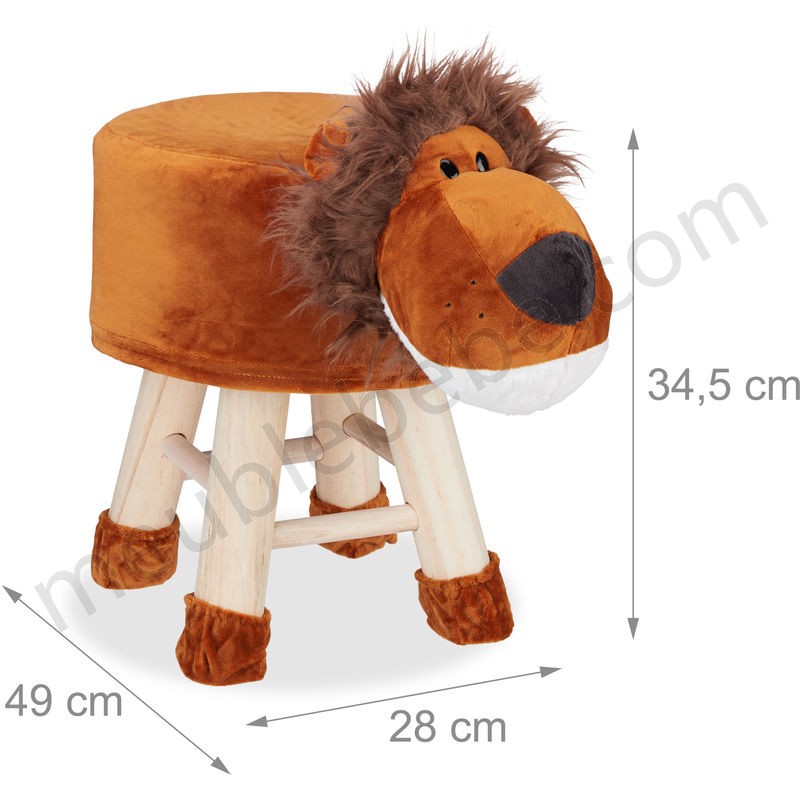 Tabouret enfant motifs animaux pouf 4 pieds assise rembourrée décoration amusant lion, marron ventes - -3