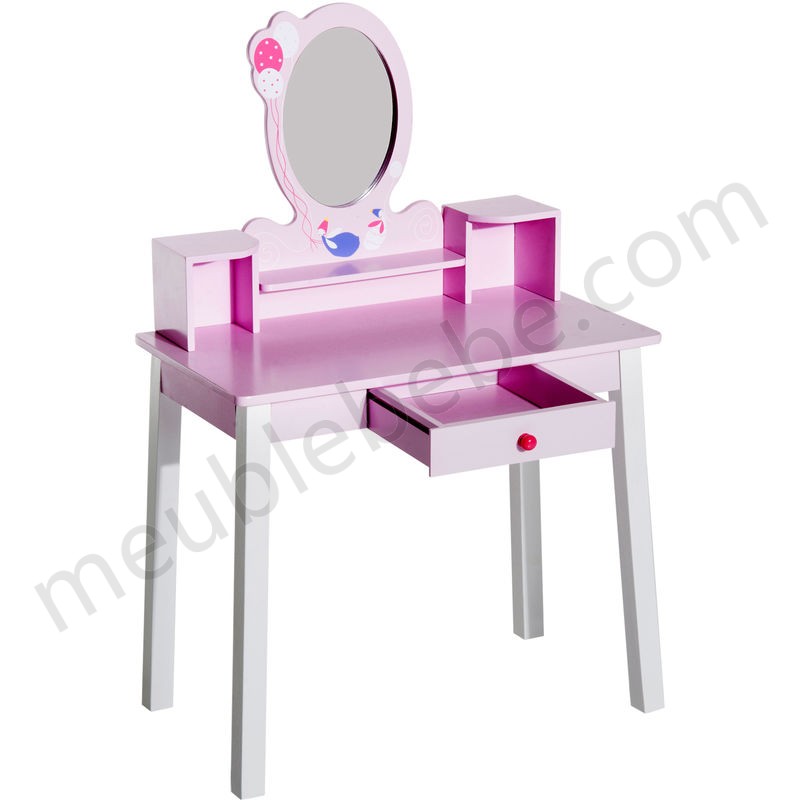 Coiffeuse enfant table de maquillage avec tabouret, 1 tiroir, miroir 59 x 39 x 92 cm bois rose en solde - -3
