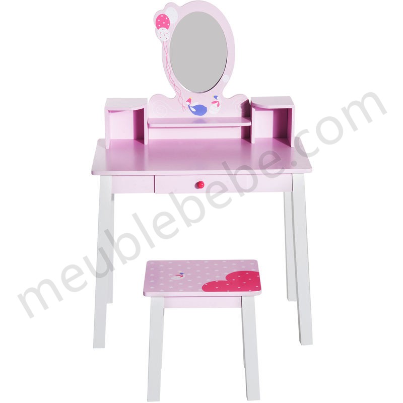 Coiffeuse enfant table de maquillage avec tabouret, 1 tiroir, miroir 59 x 39 x 92 cm bois rose en solde - -2