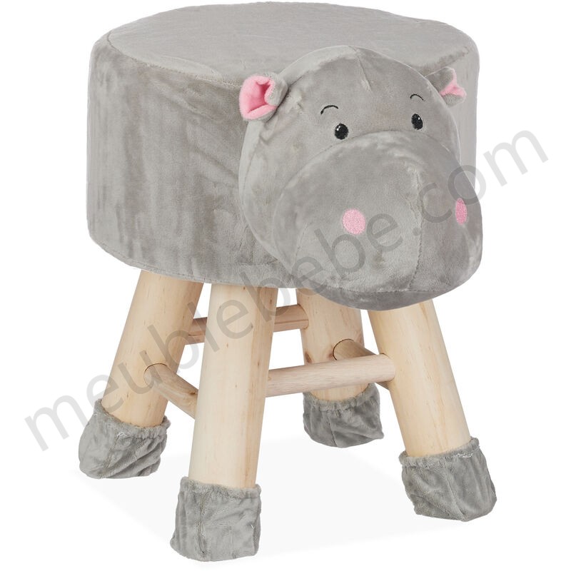 Tabouret enfant motifs animaux pouf 4 pieds assise rembourrée décoration amusant hippopotame, gris ventes - -0