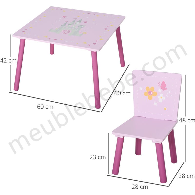 Ensemble table et chaises enfant design princesse motif château bois pin MDF rose en solde - -2