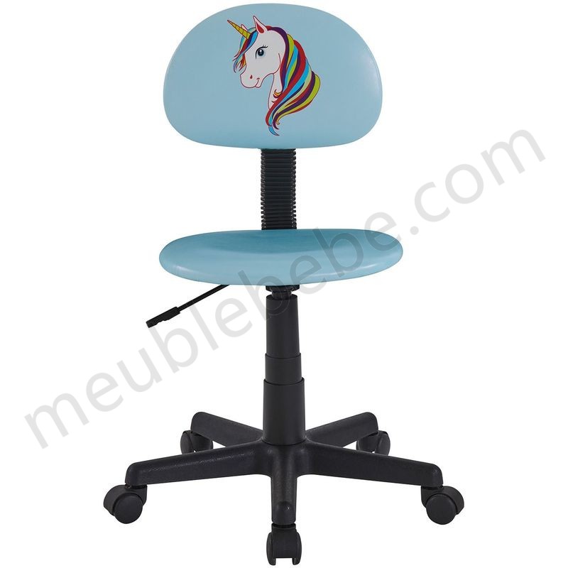 Chaise de bureau pour enfant UNICORN fauteuil pivotant sans accoudoirs hauteur réglable en synthétique bleu clair avec motif licorne en solde - -0