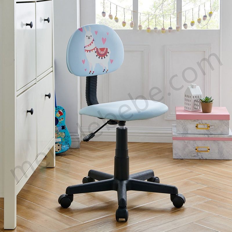 Chaise de bureau pour enfant ALPACA fauteuil pivotant sans accoudoirs hauteur réglable, en synthétique bleu clair avec motif lama en solde - -1