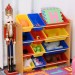 Étagère pour jouets enfants meuble de rangement 12 casiers plastique amovibles inclus cadre MDF coloris bois de hêtre en solde - 1